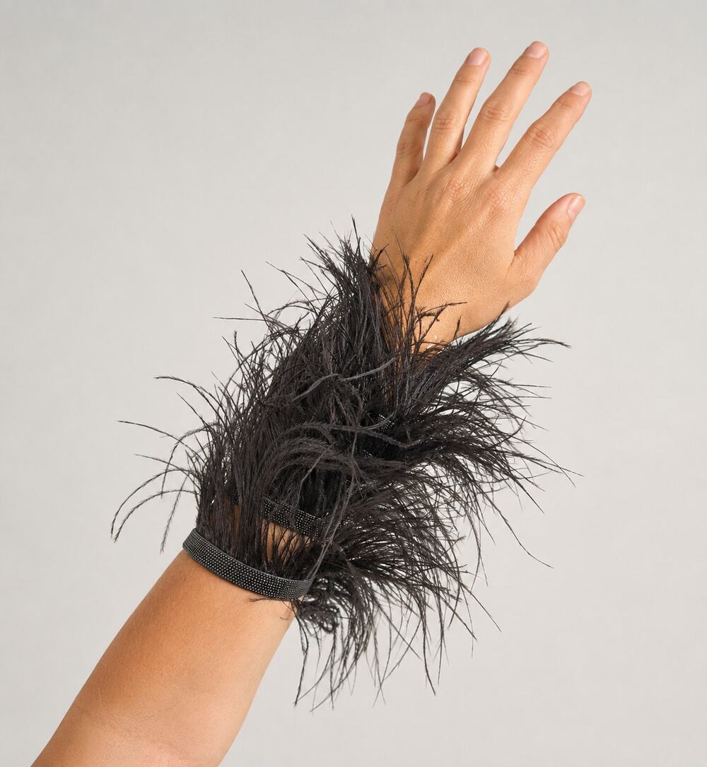 Brunello Cucinelli Gray Feather/Leather/Gunmetal Cuff Bracelet